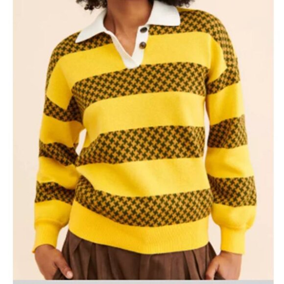 Obey Charlie  Women's Yellow Striped Raglan Sweater Houndstooth Cotton Iconic - Picture 2 of 10